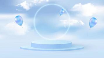 Background vector 3D blue rendering with podium and minimal cloudy scene. Minimal product display background 3d render of geometric shape sky blue pastel cloud with flying blue balloons.