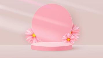 Minimalistic scene with pink cylindrical podium, round frame and spring flowers. Scene for the demonstration of a cosmetic product, showcase. Vector illustration