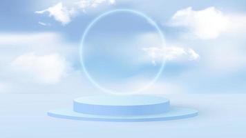Background vector 3D blue rendering with podium and minimal cloudy scene. Minimal product display background 3d render of geometric shape sky blue pastel cloud with flying blue balloons.