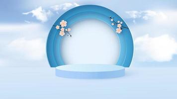 Minimal scene with geometric shapes. Cylindrical podium in light blue with paper spring flowers. Scene for the demonstration of a cosmetic product, showcase. Vector illustration