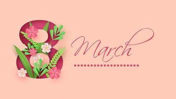 March 8. International Women Day. Vector spring holiday illustration. Paper cutout number eight with colorful flower garland. Origami style banner. Floral decoration
