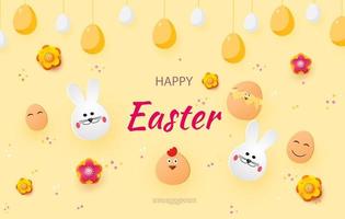 Easter card with rabbit and chickens, spring flowers and flat Easter icons on colorful background. vector
