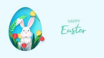 Easter card with paper frame in the shape of an egg with spring flowers on a light background. Vector illustration of Easter bunny.