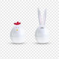 Vector white ceramic Easter bunny and chicken. Decorative realistic object for Easter Day.