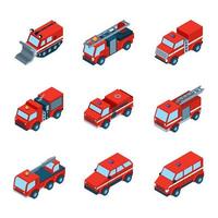 conjunto de iconos isométricos de camiones de bomberos vector