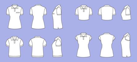 Set of Polo Tshirt Mock Up Flat Outline with alternative view vector