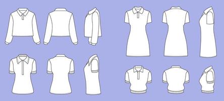 Set of Polo Tshirt Mock Up Flat Outline with alternative view