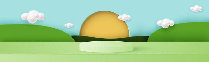 Minimal scene with a green cylindrical podium and a round frame in the shape of a sun on a cloudy sky. Stage for product demonstration, showcase. Spring composition. Vector illustration