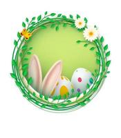 Happy Easter banner. Spring composition in a round frame, rabbit ears, Easter eggs, leaves and flowers. Place for your text. Vector illustration