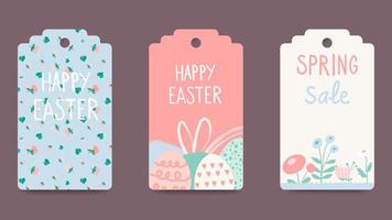 Easter tags, labels with cute banny. Trendy Easter design with typography, hand drawn strokes and eggs, bunny ears in pastel colors. Modern minimalist style. Vector illustration