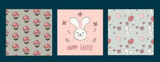 Happy Easter banner. Trendy Easter design with typography, hand drawn strokes and eggs, bunny ears, chick in pastel colors. Patterns with flowers and a hare. Vector illustration