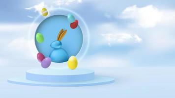Minimal scene with Easter bunny and eggs on a background of clouds. Cylindrical podium in light blue. Stage for product demonstration, showcase. Vector illustration