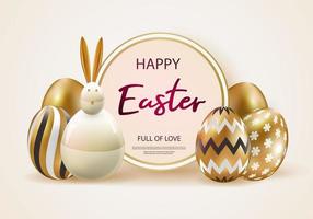 Happy easter. Festive background design with realistic colorful eggs, easter bunny. Gold glitter confetti. Festive web banner.Vector illustration vector