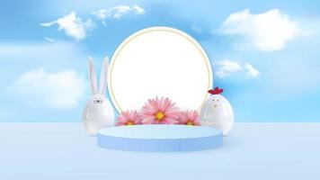 Happy easter. Design Rabbit with eggs. Festive spring 3d composition. Realistic stage, catwalk, festive studio. Minimal background. Modern creative template.Vector vector