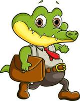 The worker crocodile is in hurry for working and bring a bag vector