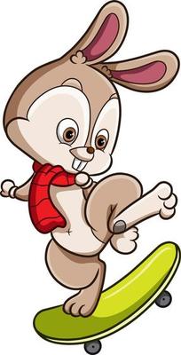 The happy rabbit is playing the skateboard