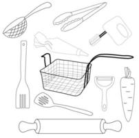 Kitchen utensils vector stock illustration. A set in the doodle style. Deep fryer, vegetable cutter, pastry sleeve, frying spatula, carrots, mixer, colander. Isolated on a white background.