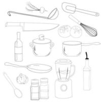 Kitchen accessories set. Vector stock illustration. Knife, blender mixer, pots, spatulas, ladle, ladle, saucepan, frying pan, saucepan. Doodle. Black and white. Isolated on a white background.