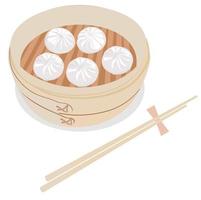 Dim sum in a steamer vector stock illustration. Chinese food in a bamboo steamer box. Banner with space for text. Steamed Bun and Shrimp Shumai. Toasted bao buns. Isolated on a white background.