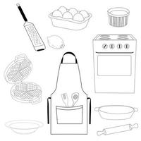 Baking set vector stock illustration. Waffle iron and oven. A set of eggs, a grater for citrus fruits. Isolated on a white background.