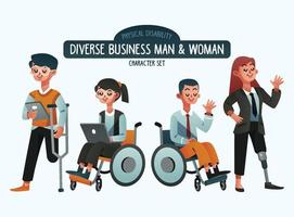 Diverse Businessman And Woman With Physical Disability Character Set vector