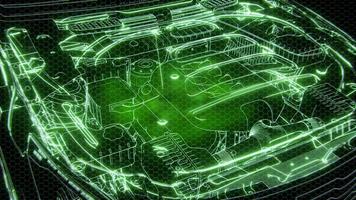 Holographic animation of 3D wireframe car model with engine video