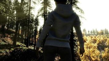 jeune femme debout seule en plein air avec des montagnes de la forêt sauvage video