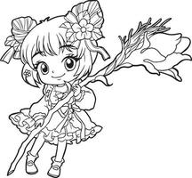 Página para colorear caricatura niña linda kawaii manga anime ilustración, clipart niño dibujo personaje vector