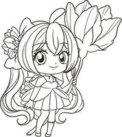 coloring page cartoon girl cute kawaii manga anime illustration, clipart kid drawing character vector
