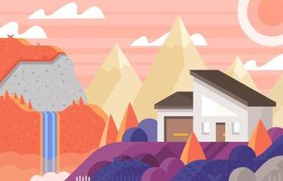 Modern House Near Waterfall And Mountains Background vector