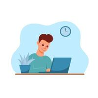Illustration of man working with computer. Flat design vector
