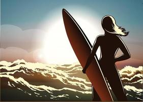 Young surfer girl with a long board on a summer beach vector