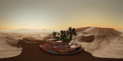 VR 360 alter rostiger Panzer in der Wüste bei Sonnenuntergang