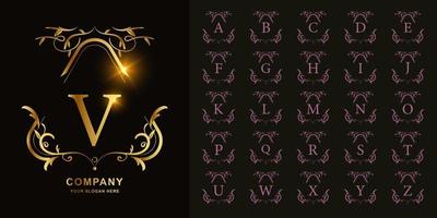 Letter V or collection initial alphabet with luxury ornament floral frame golden logo template. vector