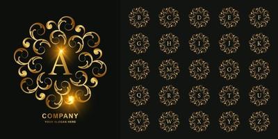 Luxury ornament or floral frame initial alphabet golden logo template. vector