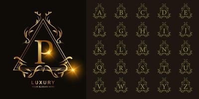 Letter P or collection initial alphabet with luxury ornament floral frame golden logo template. vector