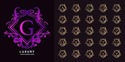 Letter G or collection initial alphabet with luxury ornament floral frame golden logo template. vector