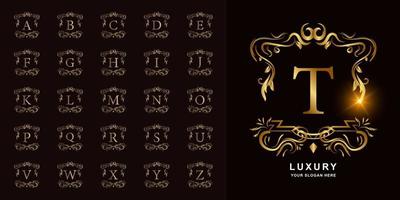 Letter T or collection initial alphabet with luxury ornament floral frame golden logo template. vector
