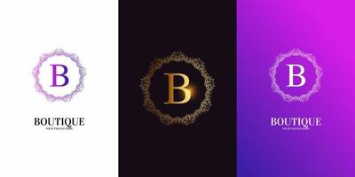 Letter B initial alphabet with luxury ornament floral frame logo template. vector