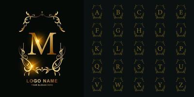 Letter M or collection initial alphabet with luxury ornament floral frame golden logo template. vector