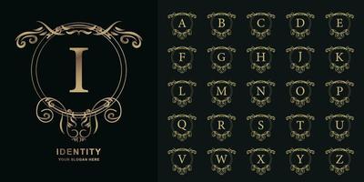 Letter I or collection initial alphabet with luxury ornament floral frame golden logo template. vector