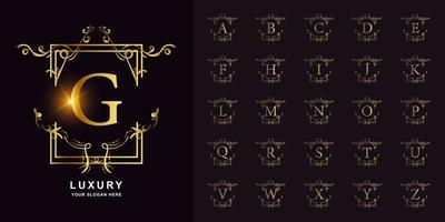 letra g o alfabeto inicial de colección con plantilla de logotipo dorado de marco floral de adorno de lujo. vector