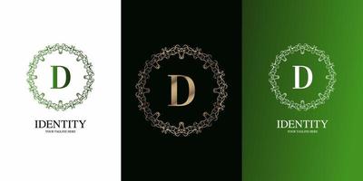 Letter D initial alphabet with luxury ornament floral frame logo template. vector