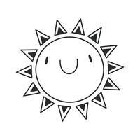 Smiling sun in simple black and white doodle style isolated on white background. Vector hand drawn doodle illustration.