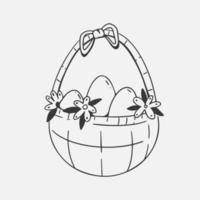 Cute vector basket with easter eggs in doodle style isolated on white background. Vector doodle illustration.
