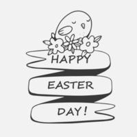 Cute vector illustration with chicken on the text happy easter in doodle style isolated on white background. Vector doodle illustration. Doodle character for Easter. Happy Easter Day.