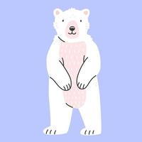 Cute polar bear in cartoon style stands on its hind legs. A vector isolated illustration with an animal.