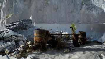 wooden barrels with sea fish at the sand beach video