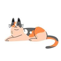 Spotted multicolored cat in flat cartoon style. Vector illustration isolated on white background.