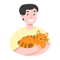 feliz dueño de una mascota con un gato en sus brazos. ilustración vectorial en estilo plano de dibujos animados aislado sobre fondo blanco.